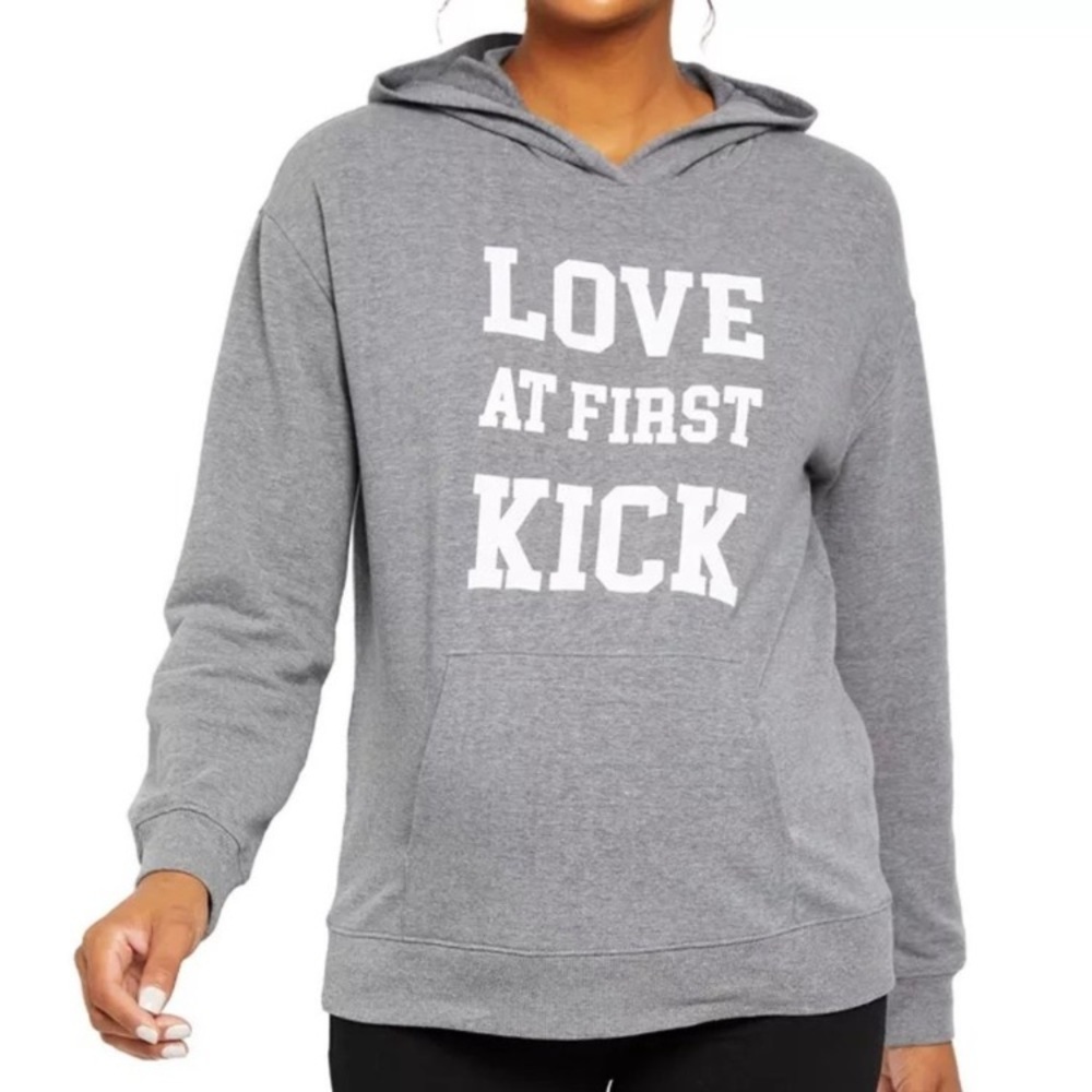 Motherhood Maternity Women’s Gray Hoodie ‘Love At First Kick’